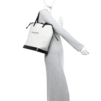 Saint Laurent Canvas Calfskin Teddy Drawstring Shopping Tote White Black 2 of 10