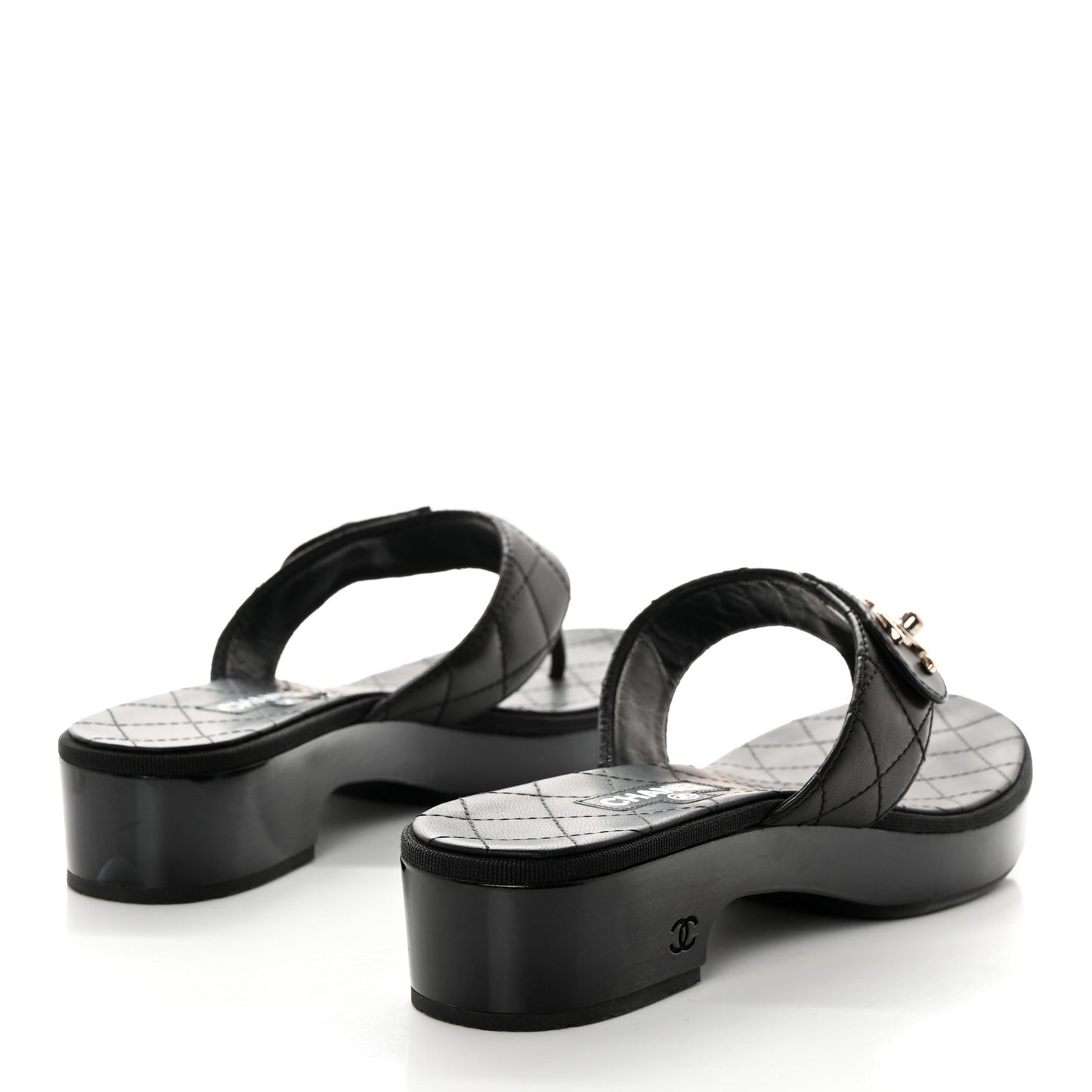 Lambskin Quilted CC Turnlock Thong Sandals 39.5 Black