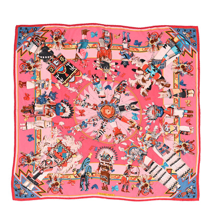 Hermes Silk Kachinas Wash Scarf 90 Rose Bleu Corail 1 of 6