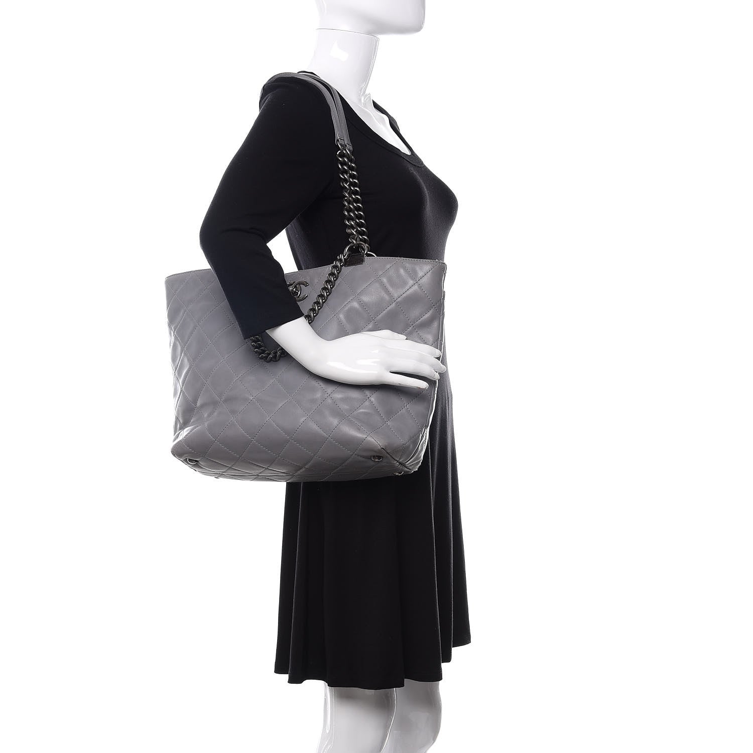 Chanel Calfskin Quilted Large Shopping In Chains Tote Light Grey 2 of 13