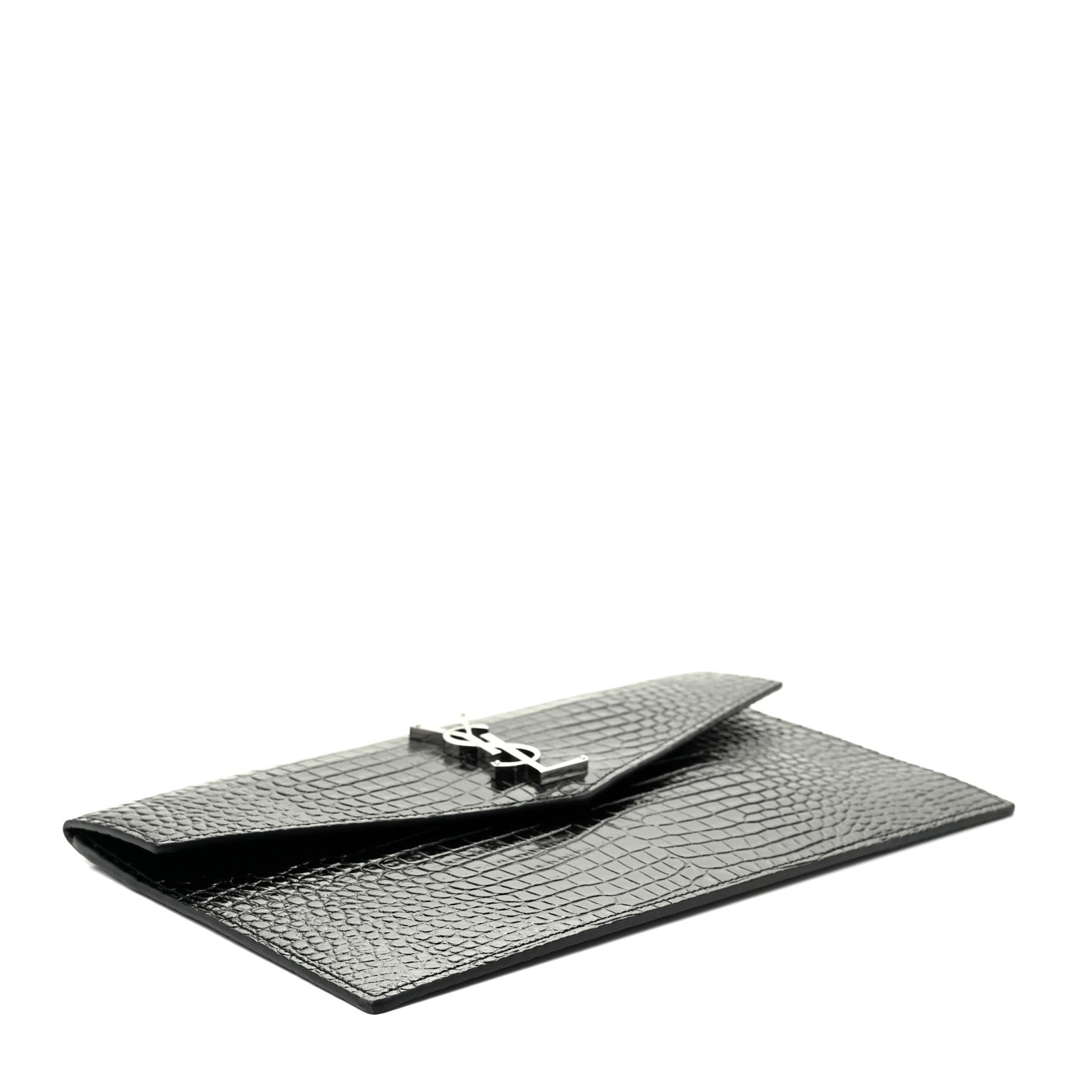 Saint Laurent Calfskin Crocodile Embossed Uptown Monogram Pouch Black 4 of 11