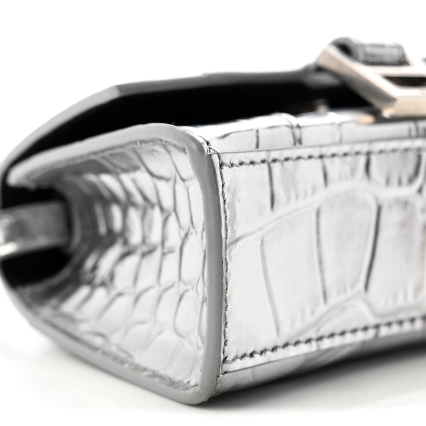 Metallic Calfskin Crocodile Embossed Hourglass Top Handle Bag Mini Silver