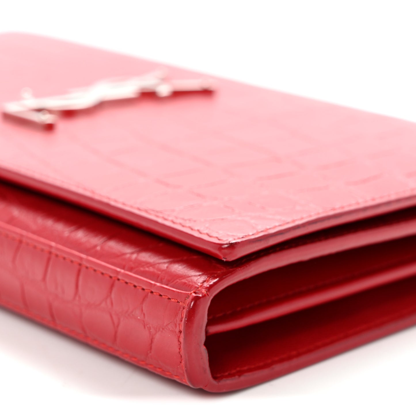 Calfskin Crocodile Embossed Monogram Chain Wallet New Red