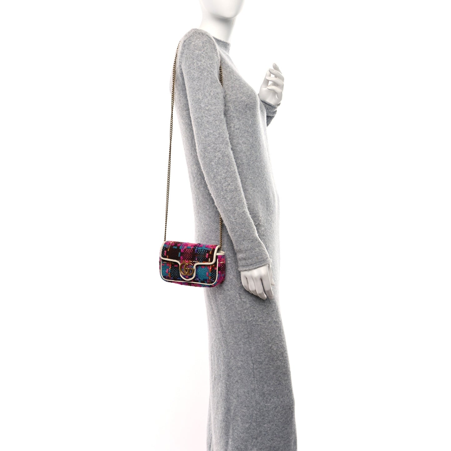 Tweed Calfskin Spicy Check Super Mini GG Marmont Shoulder Bag Pink Multicolor Mystic White