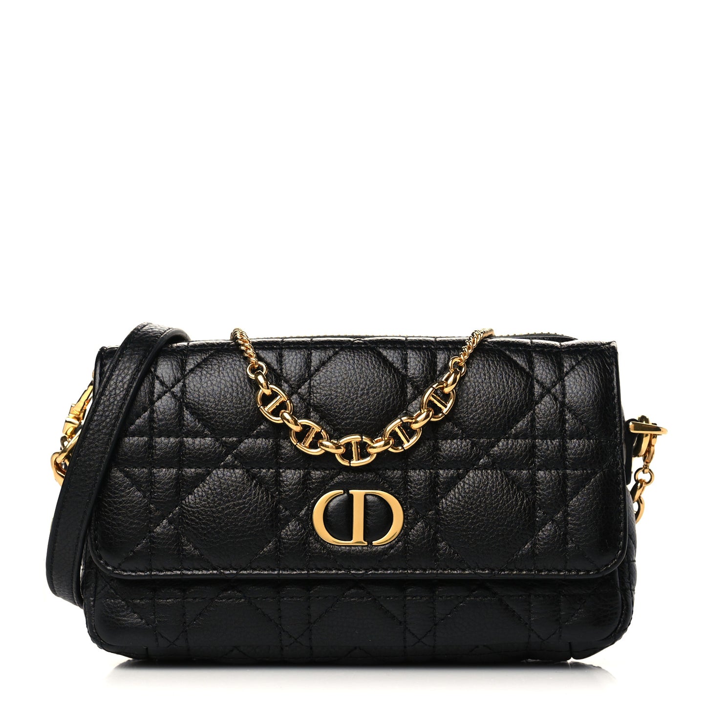 Supple Calfskin Cannage Caro Pouch with Chain Black