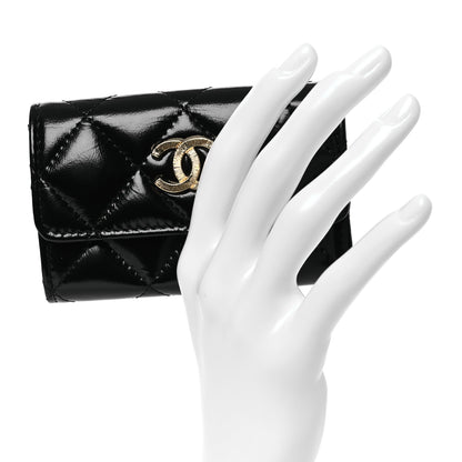Chanel Shiny Lambskin Quilted Textured CC Card Holder Black 2 of 11