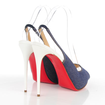 Christian Louboutin Denim Lady Peep Sling 120 Pumps 37.5 Blue White 4 of 8