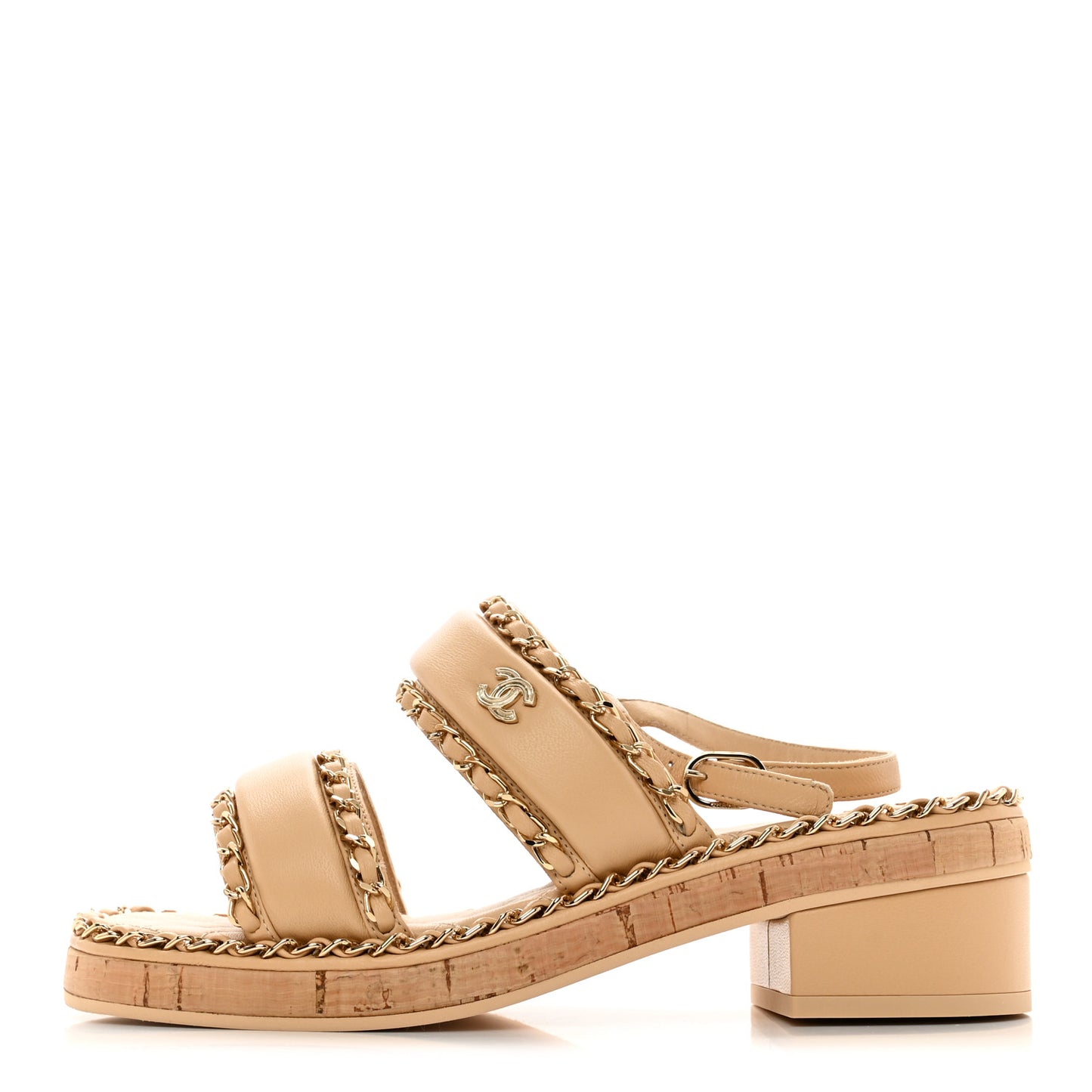 Lambskin Cork Chain Sandals 36 Beige