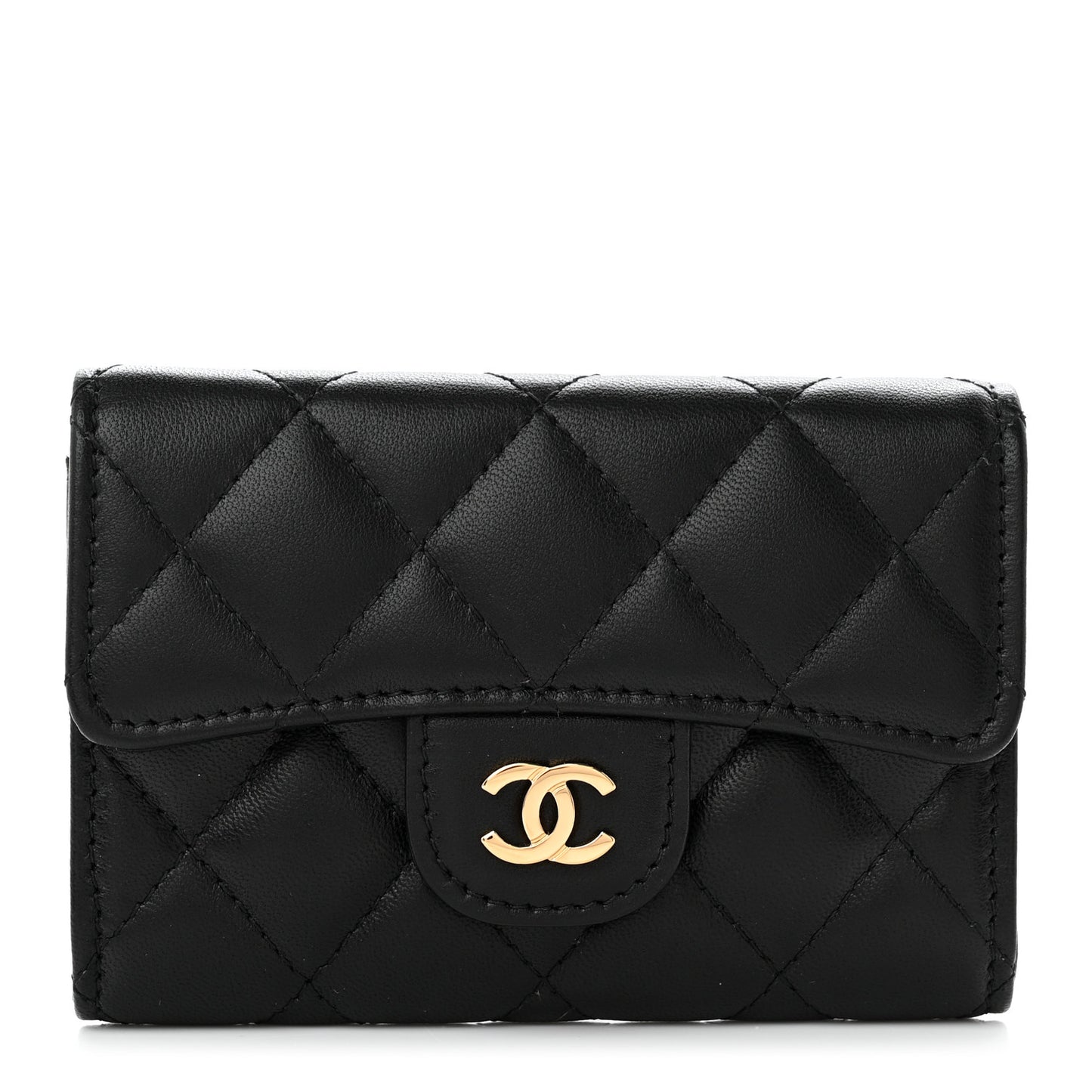 Lambskin Quilted Flap Card Holder Wallet Black