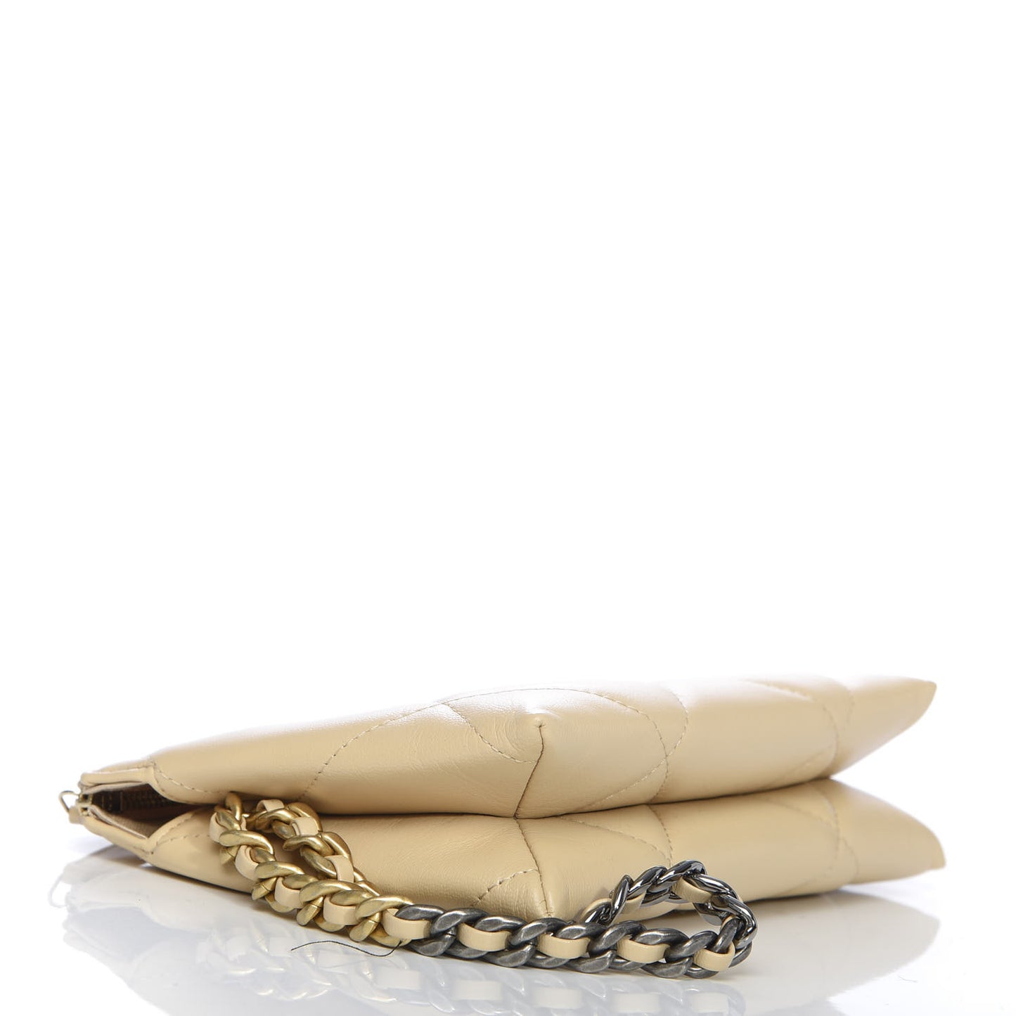 Shiny Goatskin Quilted 19 Small Pouch With Handle Beige