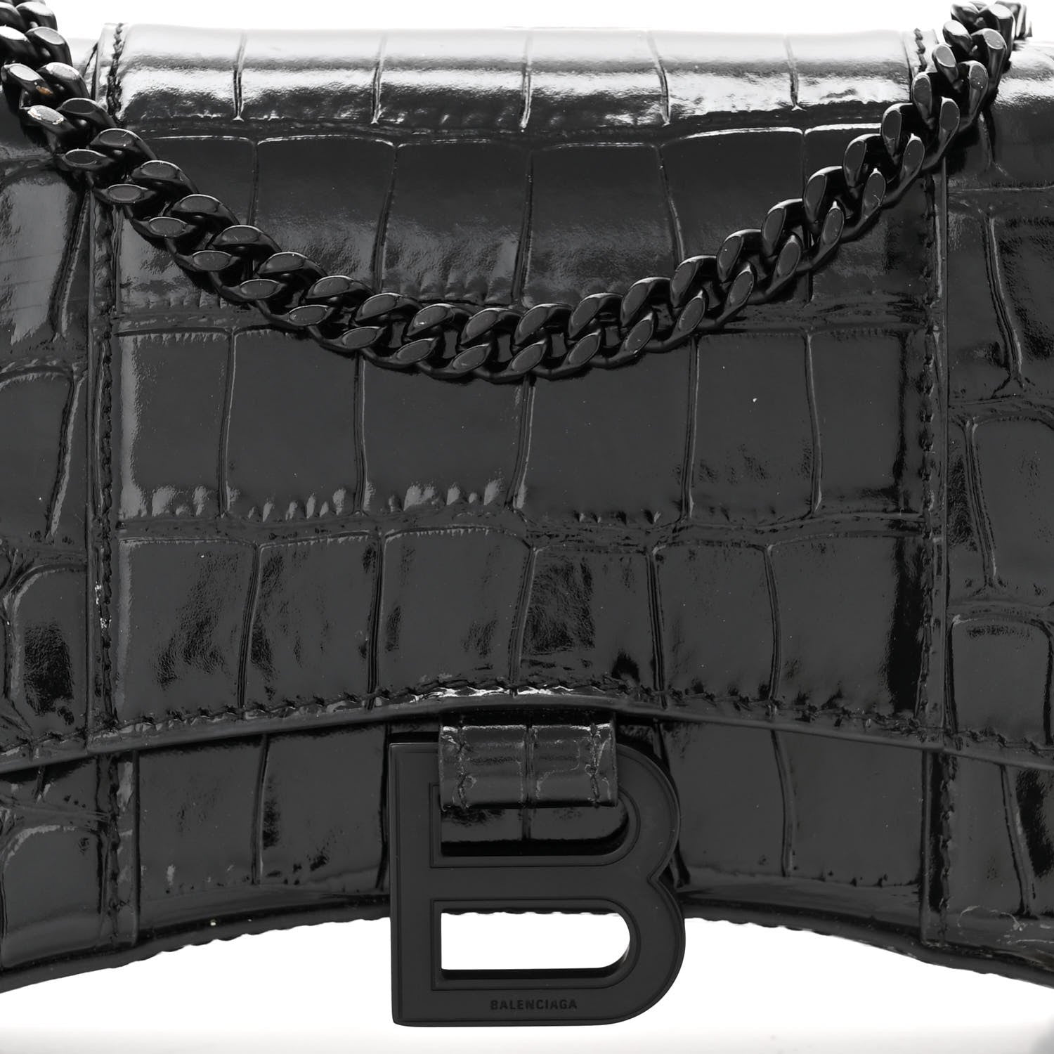 Balenciaga Shiny Calfskin Monochrome Crocodile Embossed Hourglass Chain Bag Black 7 of 11