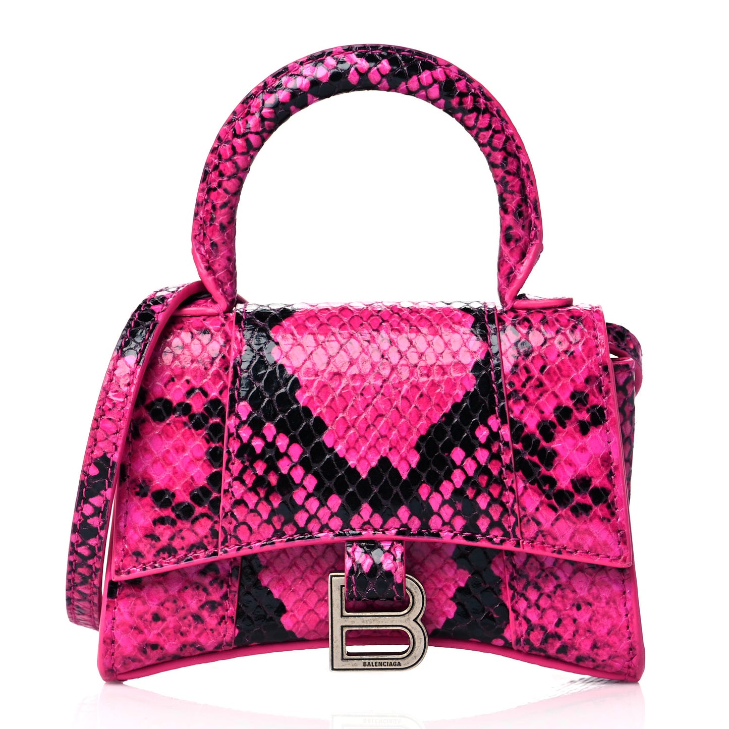 Shiny Calfskin Python Effect Hourglass Top Handle Bag Mini Fuchsia Black
