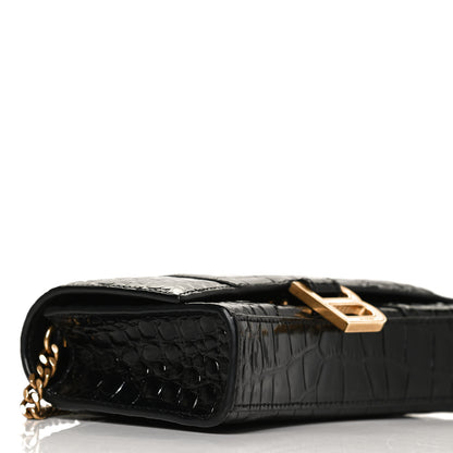 Balenciaga Shiny Calfskin Crocodile Embossed Hourglass Chain Bag Black 7 of 10