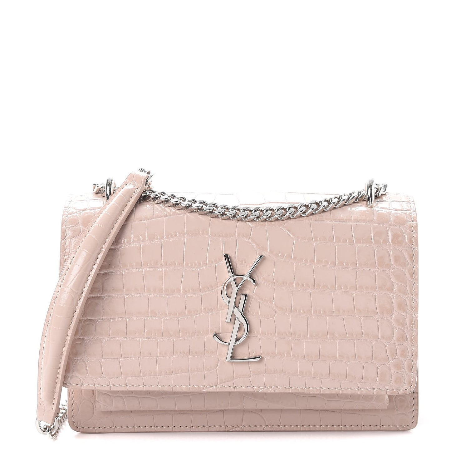 Calfskin Crocodile Embossed Monogram Sunset Chain Wallet Soft Nude