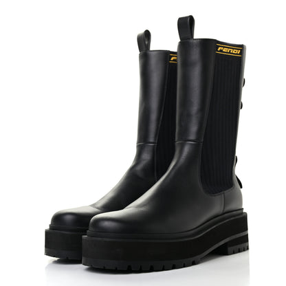 Fendi Vitello Stretch Fabric Logo Tape Rockoko Promenade 50mm Biker Boots 37 Black Yema 3 of 6