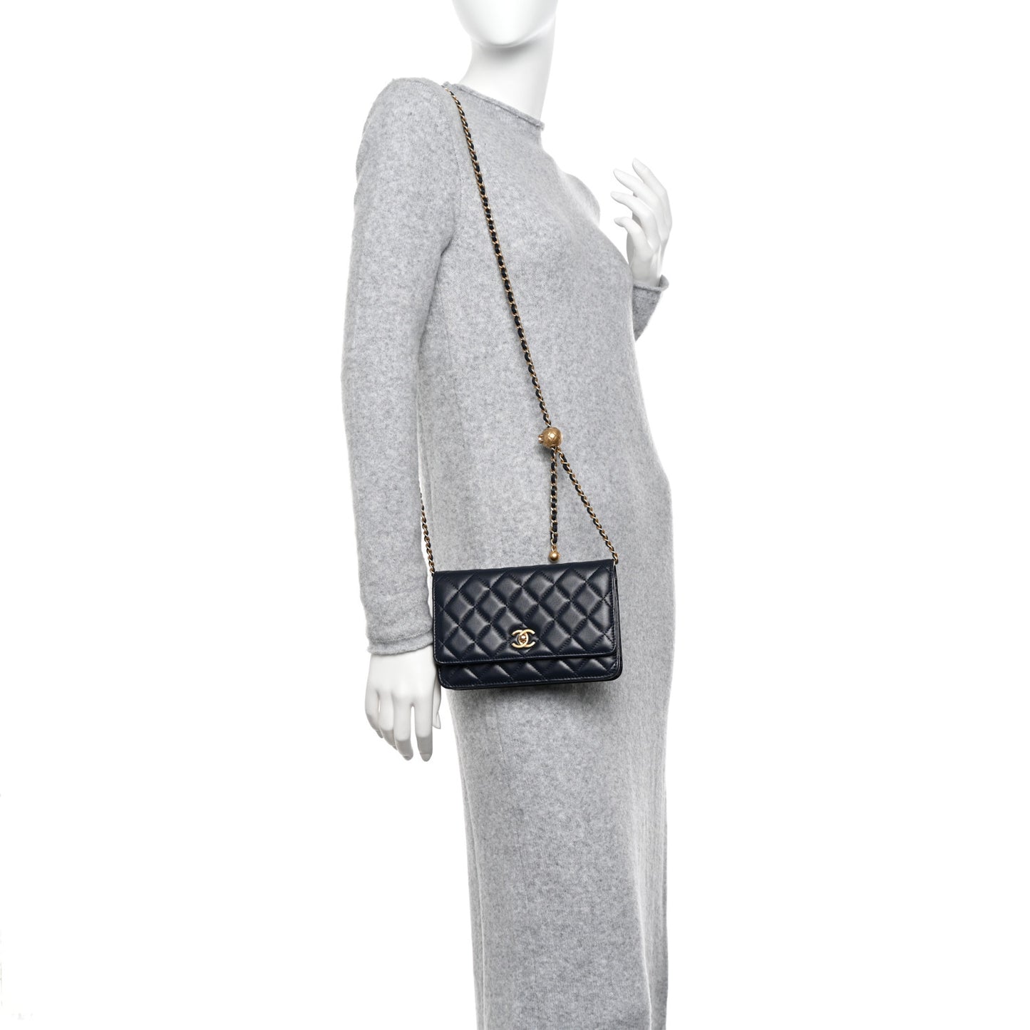 Lambskin Quilted Pearl Crush Wallet on Chain WOC Navy