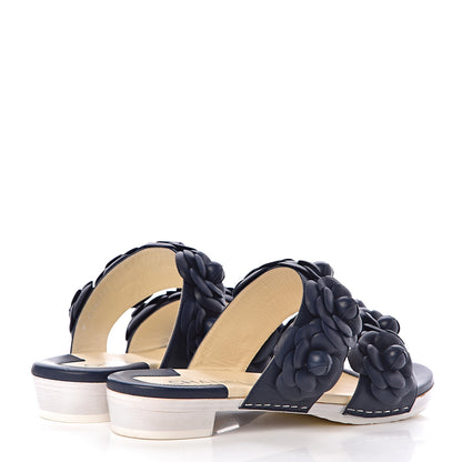 Chanel Lambskin Camellia Sandals 37 Navy Blue 4 of 15