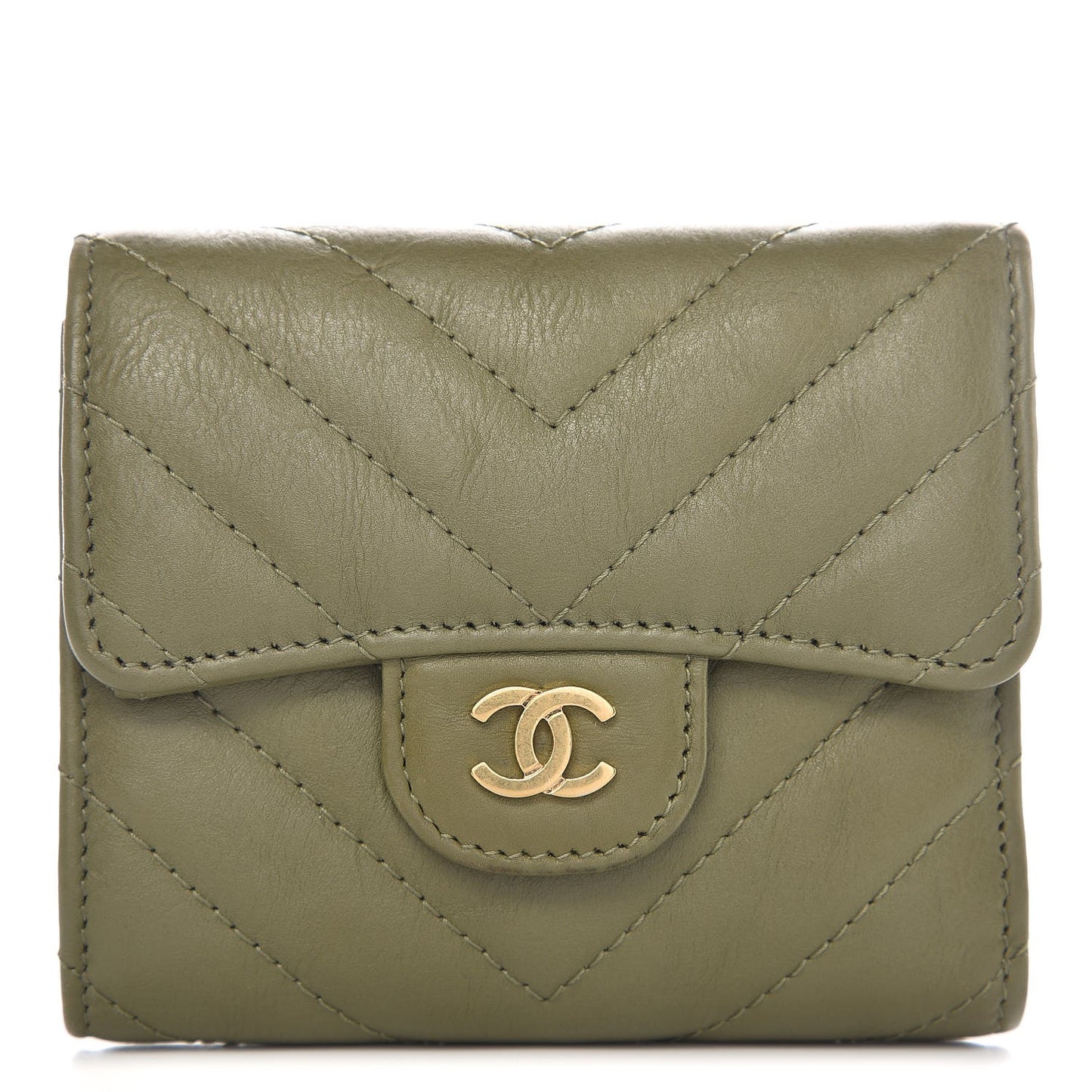 Calfskin Chevron Quilted Compact Flap Wallet Khaki