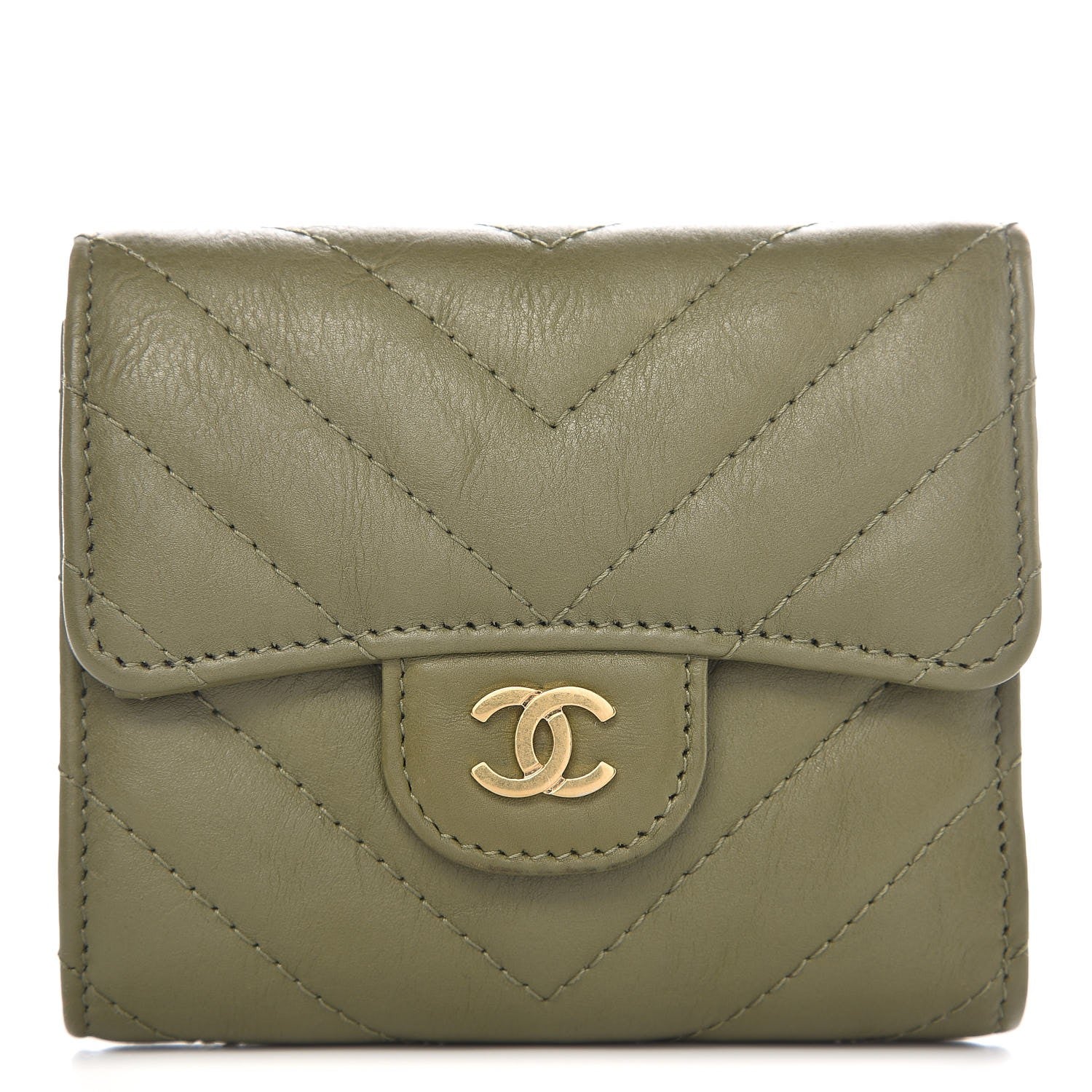 Chanel Calfskin Chevron Quilted Compact Flap Wallet Khaki 1 of 8