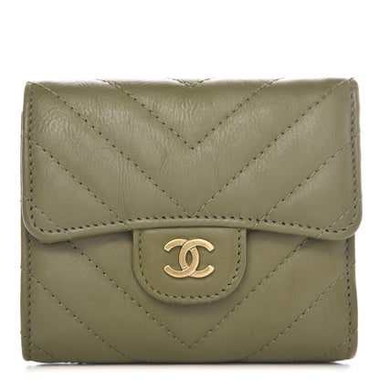 Chanel Calfskin Chevron Quilted Compact Flap Wallet Khaki 1 of 8