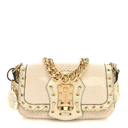 Versace Woven Canvas Metallic Calfskin Stitched Shoulder Bag Beige Gold 1 of 9
