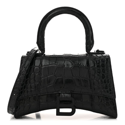 Balenciaga Shiny Calfskin Monochrome Crocodile Embossed Hourglass Top Handle Bag XS Black 1 of 10