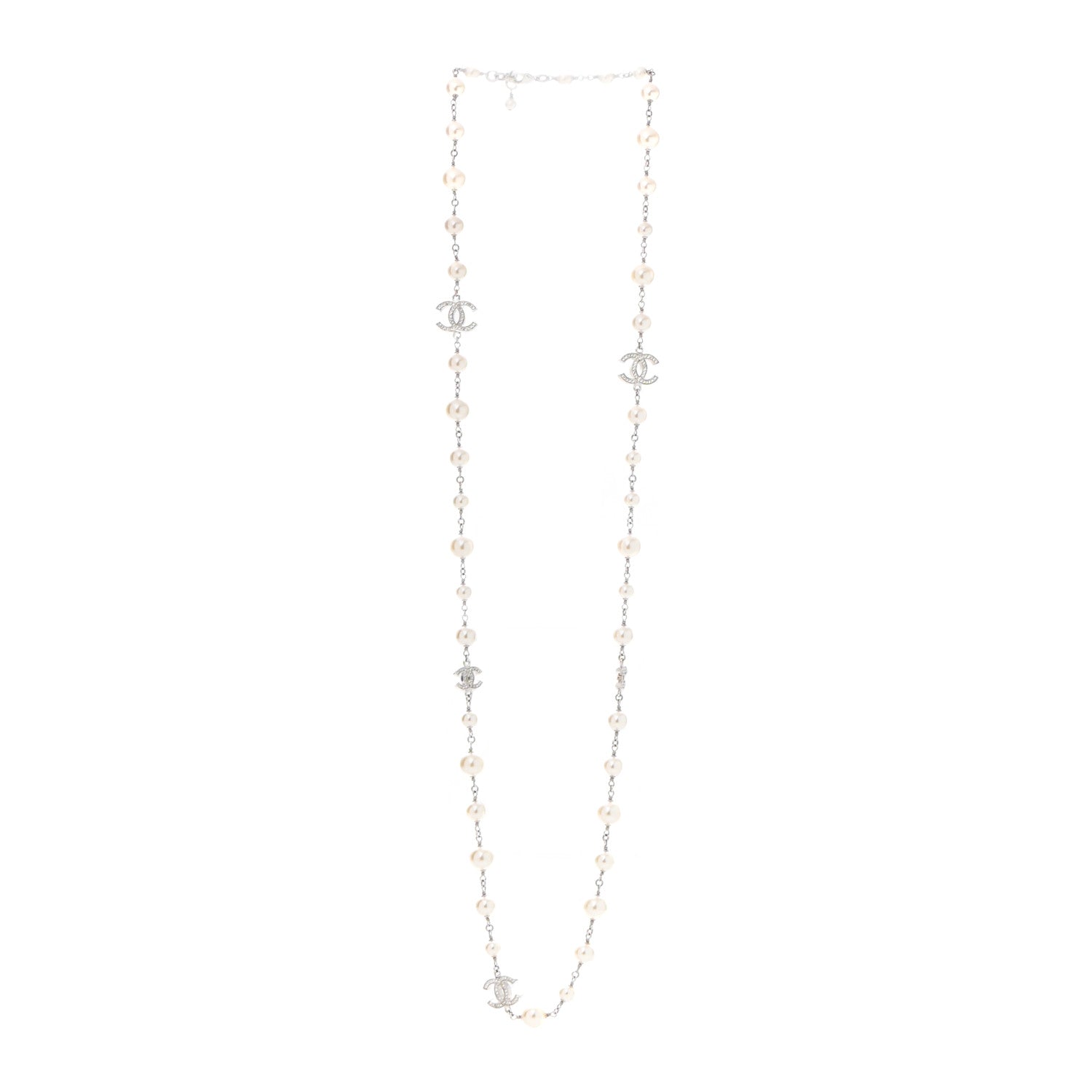 Chanel Graduated Pearl Crystal CC Long Necklace Silver 3 of 7