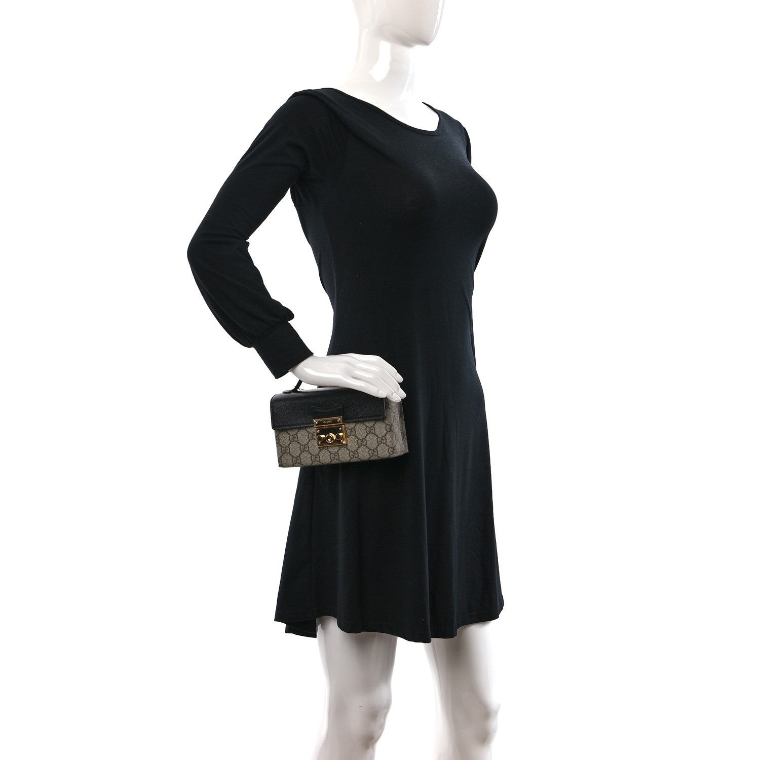 Gucci GG Supreme Monogram Calfskin Mini Padlock Top Handle Shoulder Bag Beige Black Cuir 2 of 9