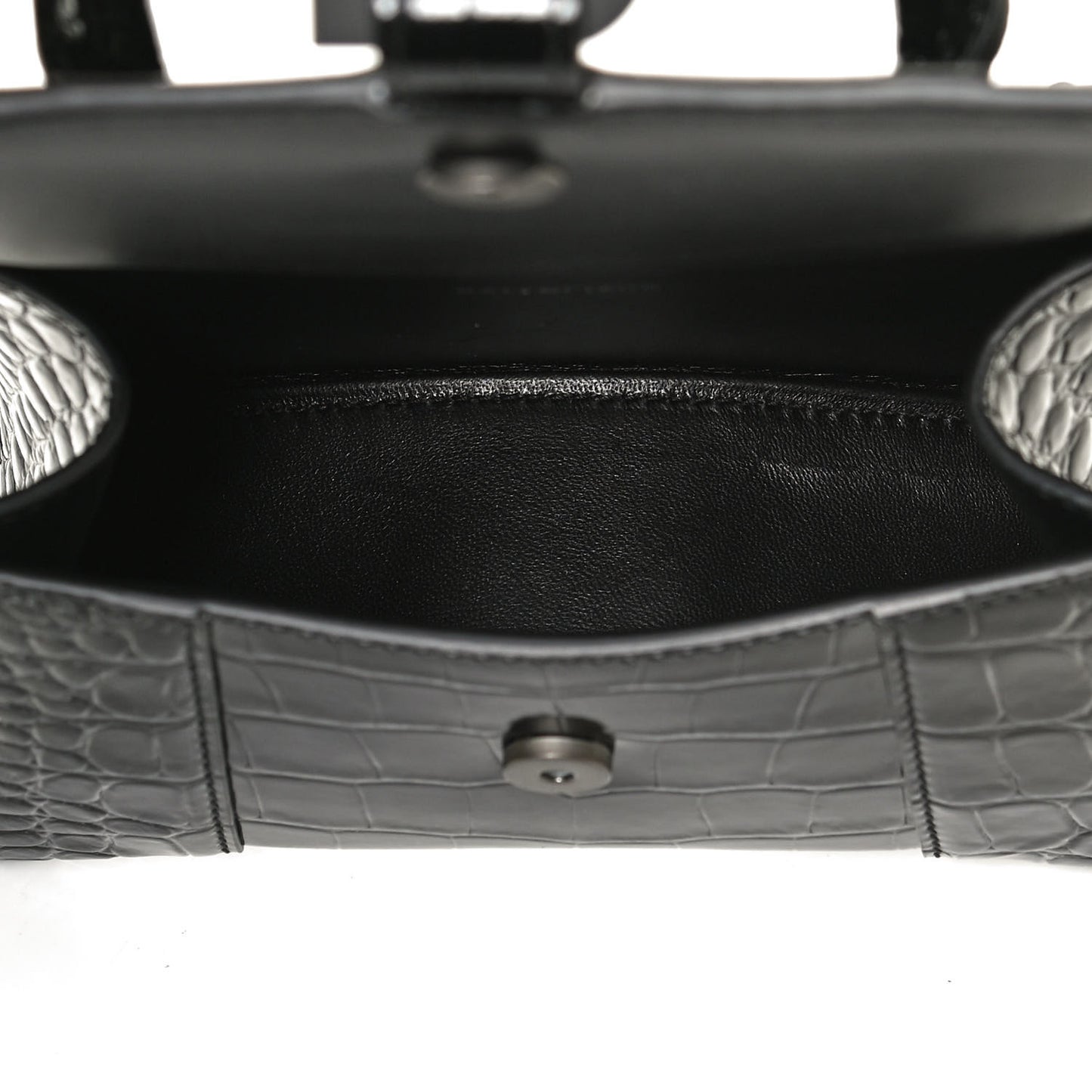 Shiny Calfskin Monochrome Crocodile Embossed Hourglass Top Handle Bag XS Black