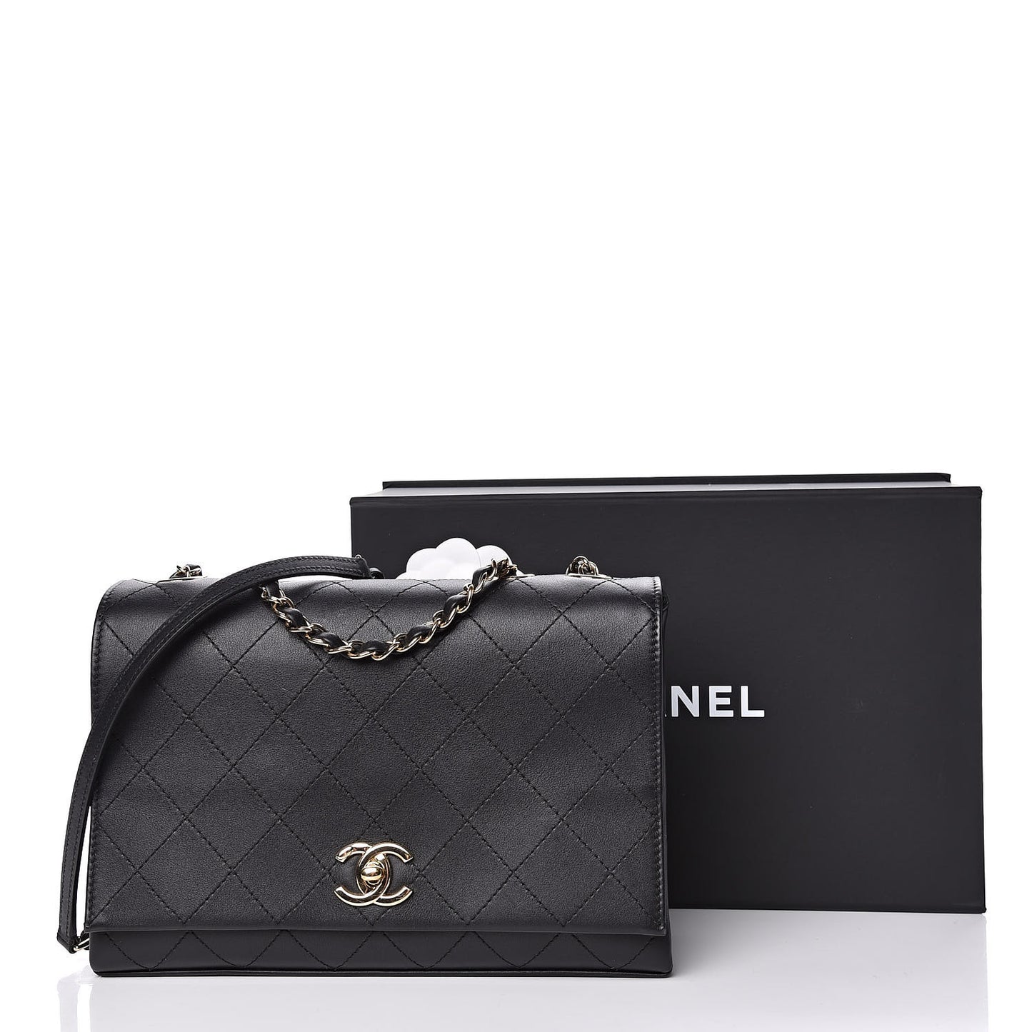 Calfskin Stitched Large Flap Black