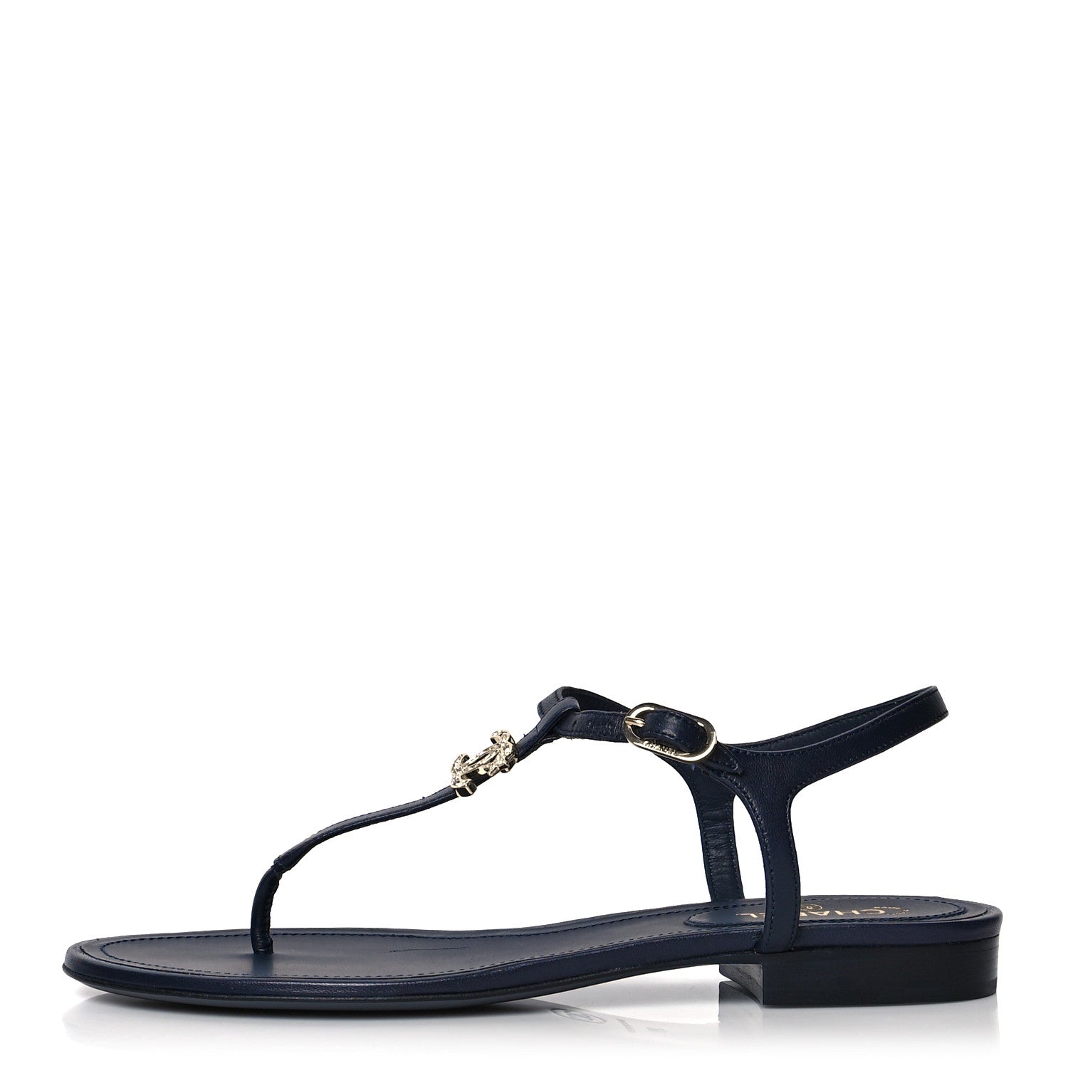 Chanel Lambskin Crystal CC Thong Sandals 38 Navy Blue 1 of 8