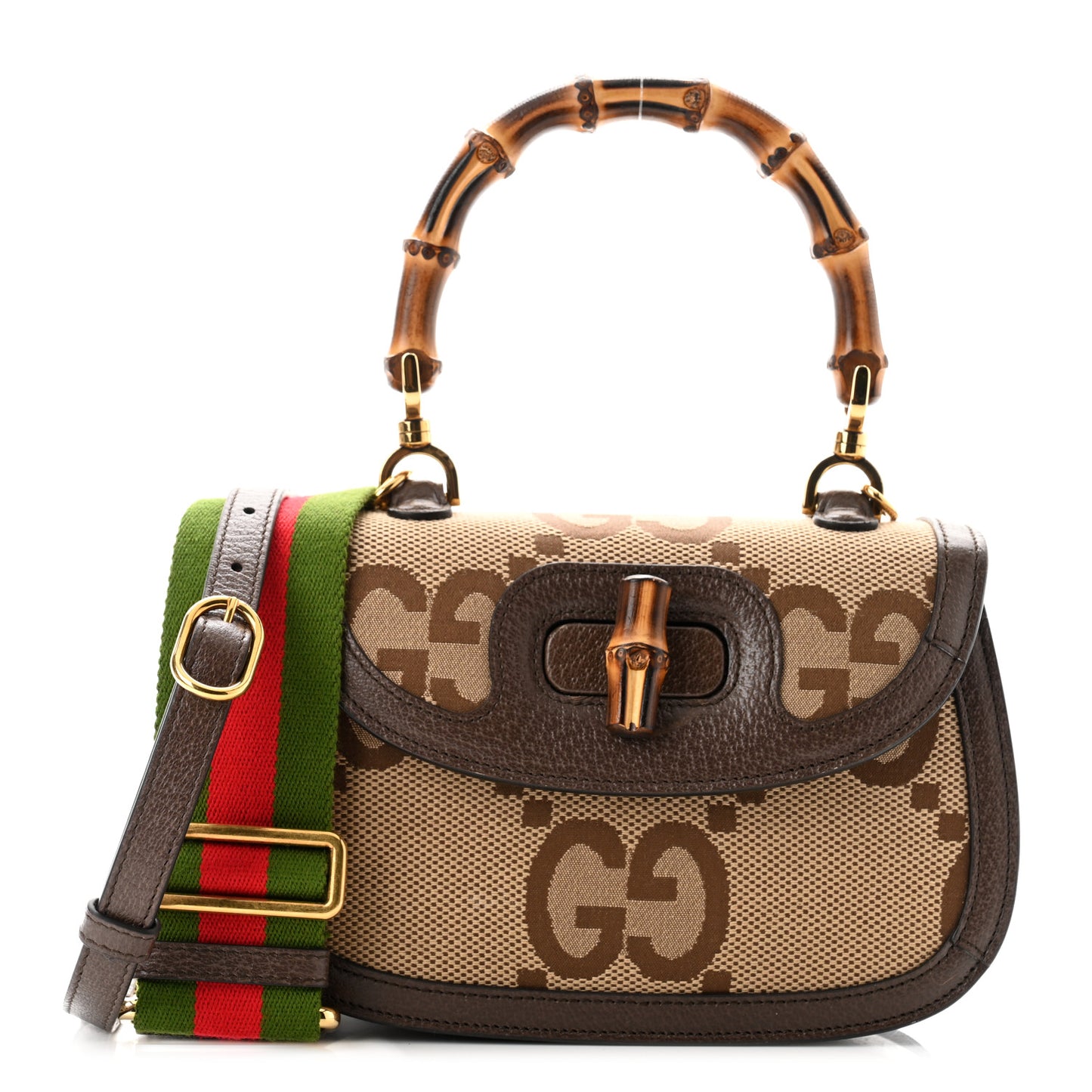 Monogram Jumbo GG Textured Dollar Calfskin Web Small Bamboo 1947 Top Handle Bag Camel Ebony New Acero