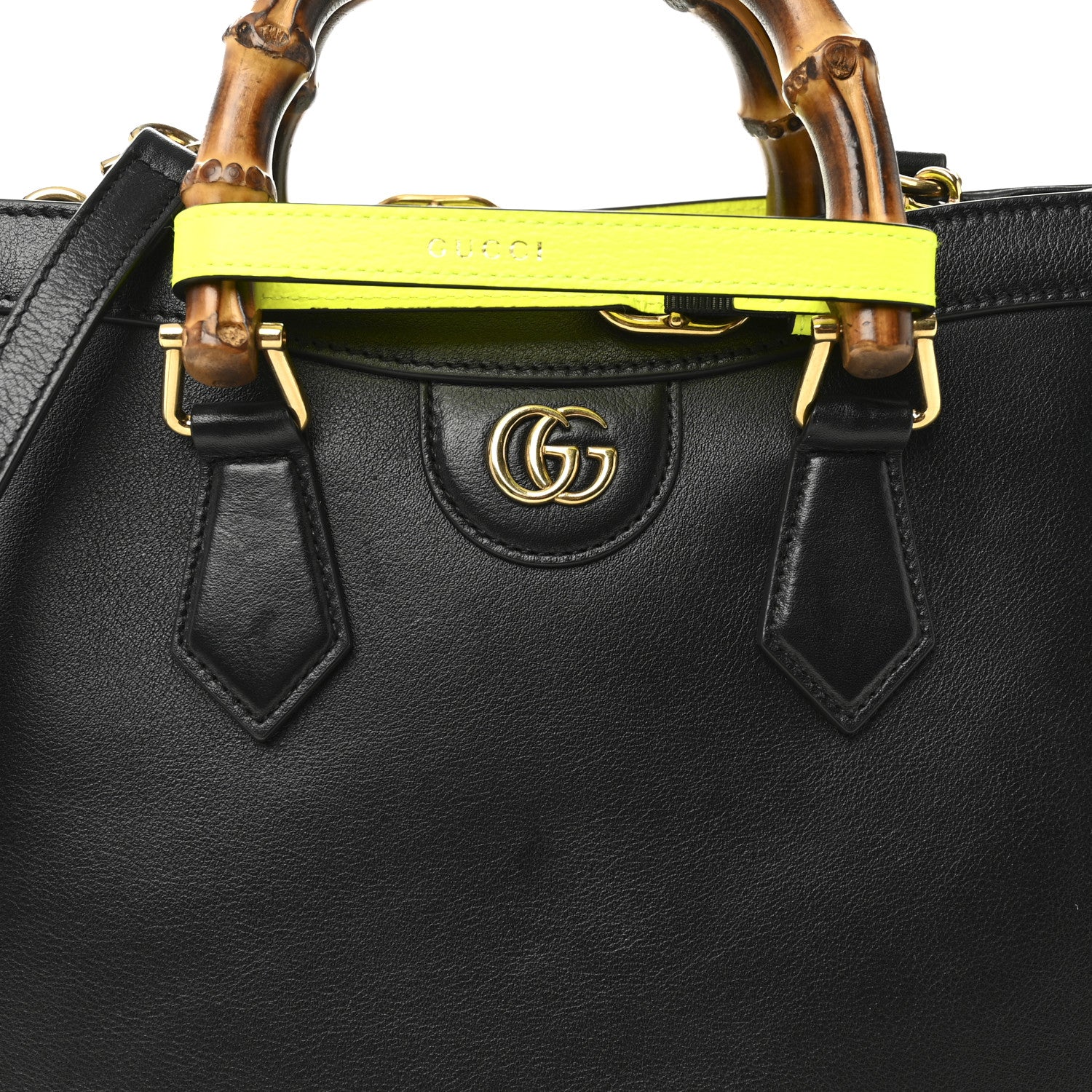 Gucci Calfskin Small Diana Tote Bag Black Yellow Fluo 7 of 11