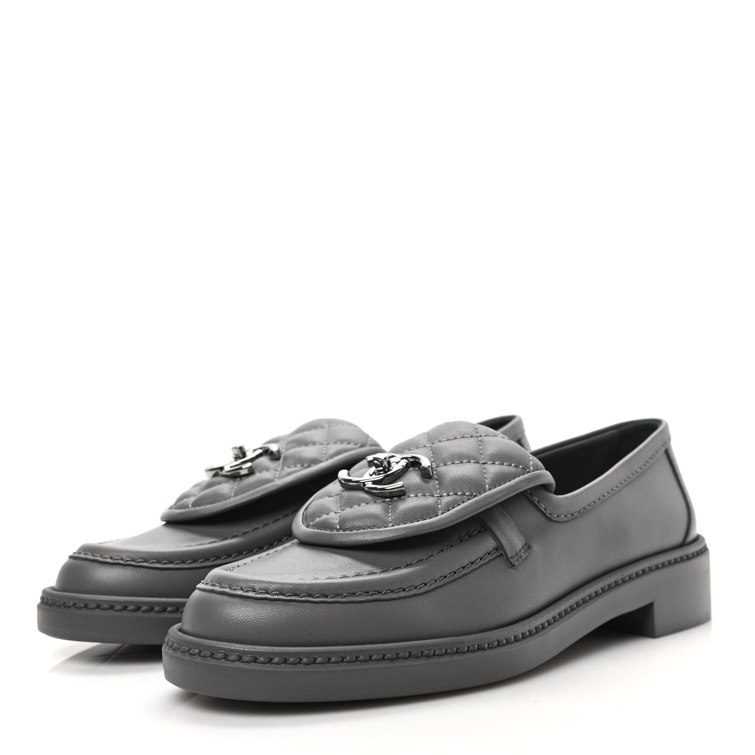Chanel Lambskin Quilted CC Turnlock Loafers 37 Grey 3 of 8