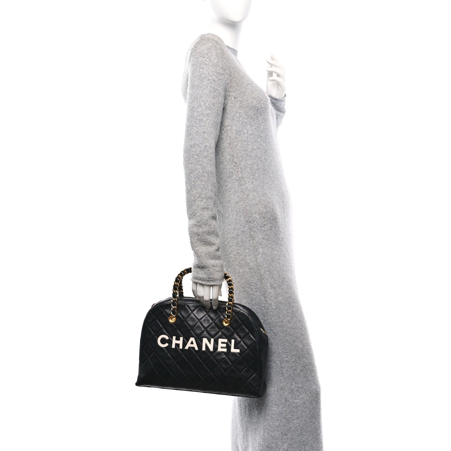 Chanel Lambskin Quilted Logo Duffel Bag Black White 2 of 10