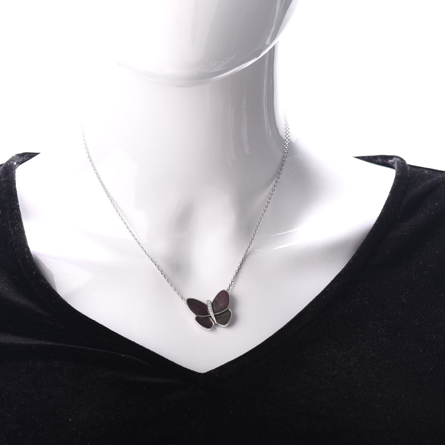 18K White Gold Grey Mother of Pearl Diamond Butterfly Pendant Necklace