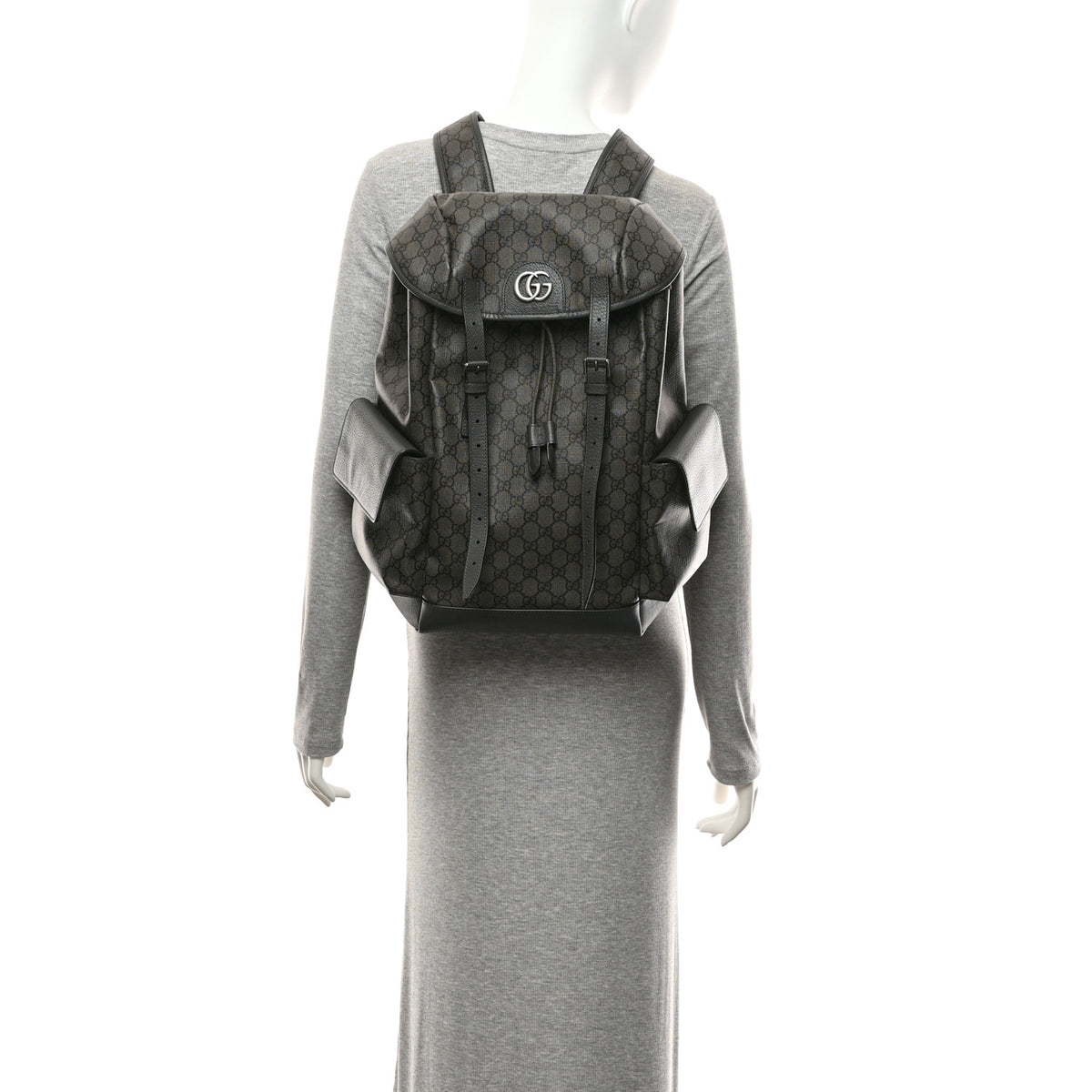 GG Supreme Monogram Textured Dollar Calfskin Medium Ophidia Double Buckle Backpack Grey Black Graphite Grey
