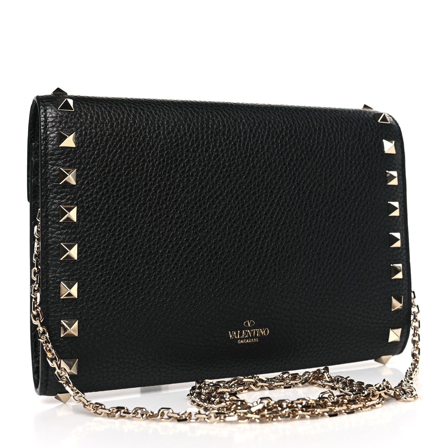 Valentino Garavani Pebbled Calfskin Rockstud Envelope Wallet On Chain Black 3 of 8