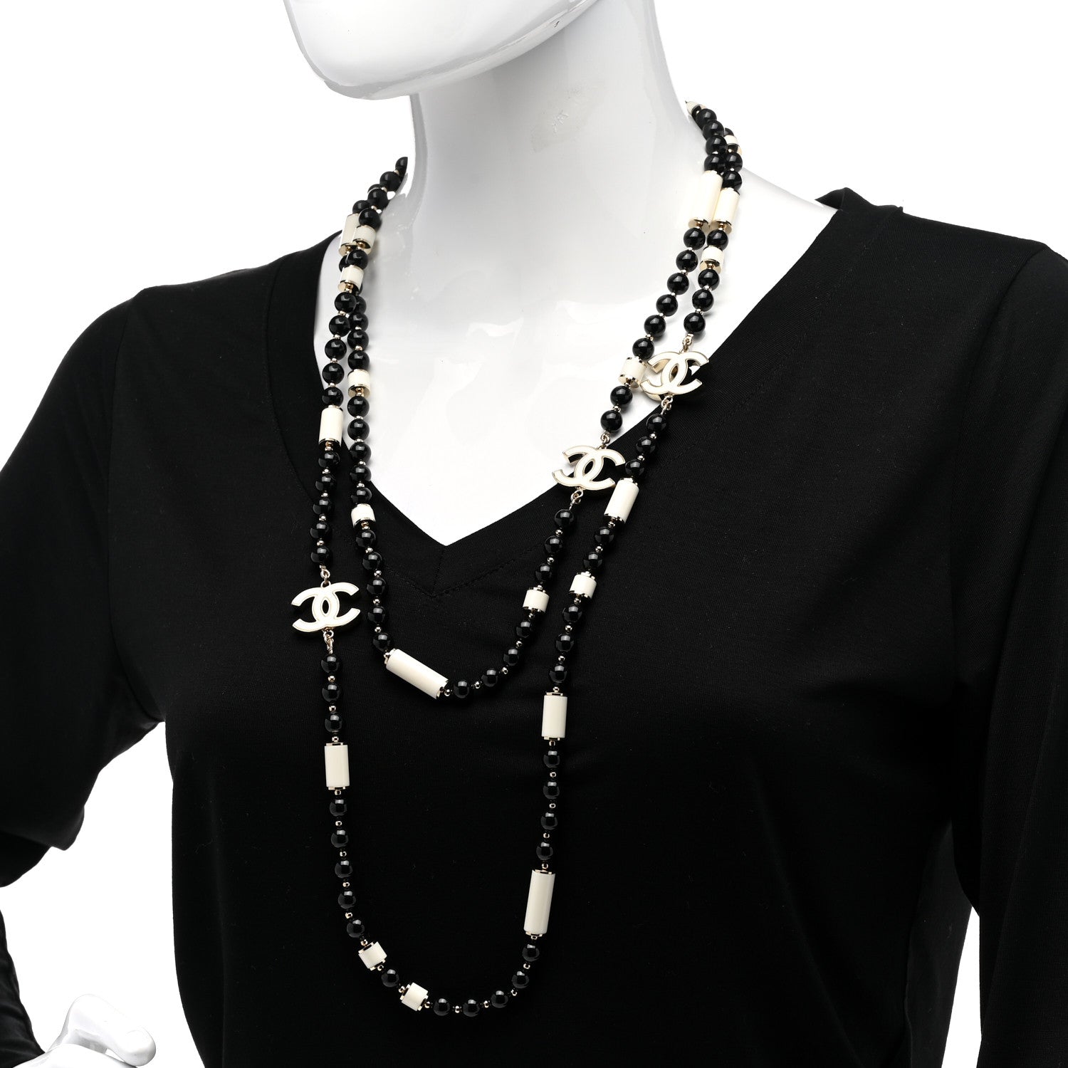 Chanel Resin Bead CC Long Necklace Gold Black White 2 of 6