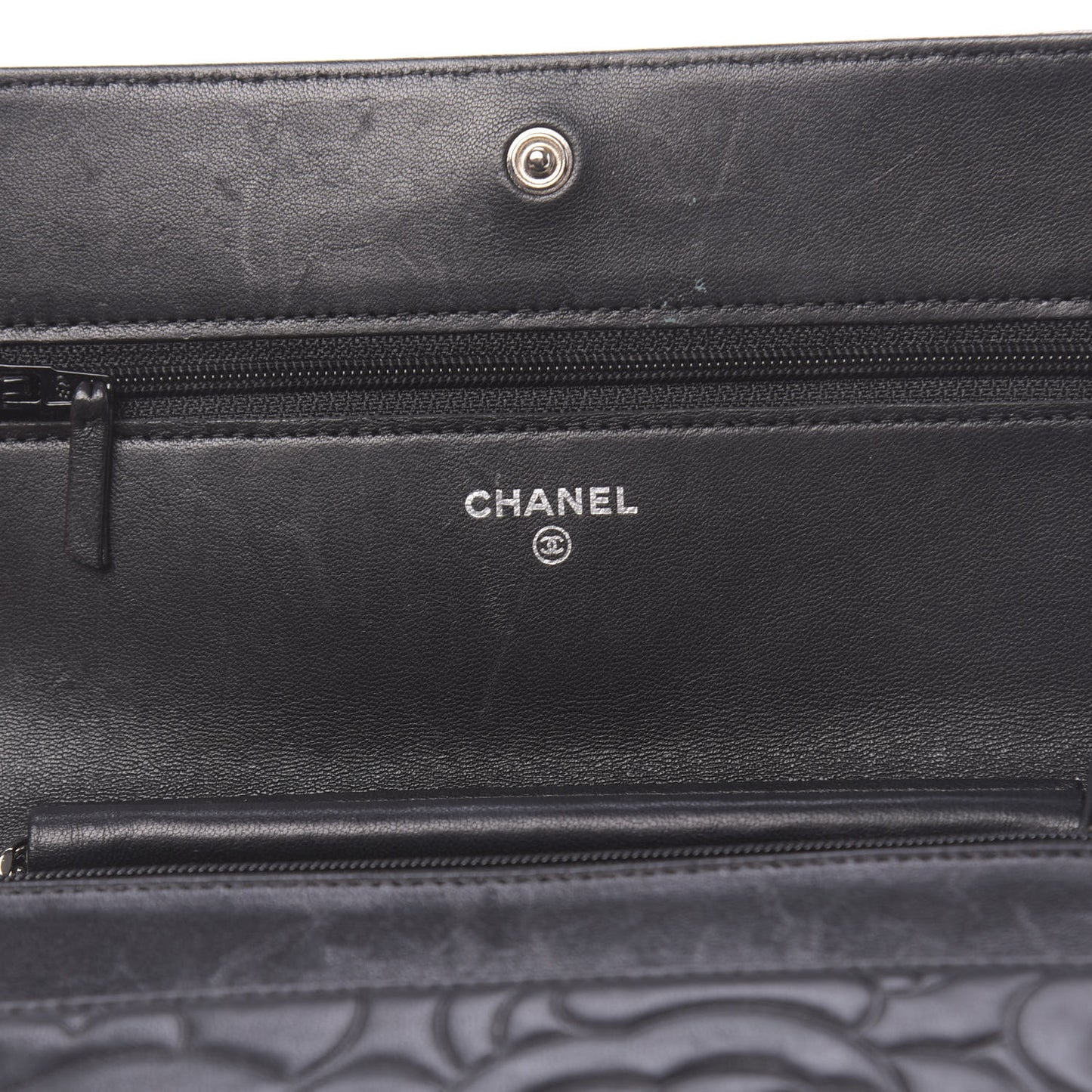 Lambskin Camellia Embossed Wallet on Chain WOC Black