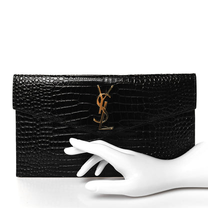 Saint Laurent Calfskin Crocodile Embossed Uptown Monogram Pouch Black 2 of 6
