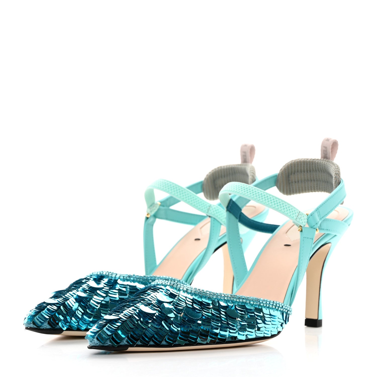 Fendi Organza Sequin Paillettes Colibri Lite 85mm Slingback Pumps 38.5 Nudo Blue Tiffany Blue 3 of 15