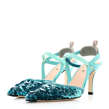 Fendi Organza Sequin Paillettes Colibri Lite 85mm Slingback Pumps 38.5 Nudo Blue Tiffany Blue 3 of 15