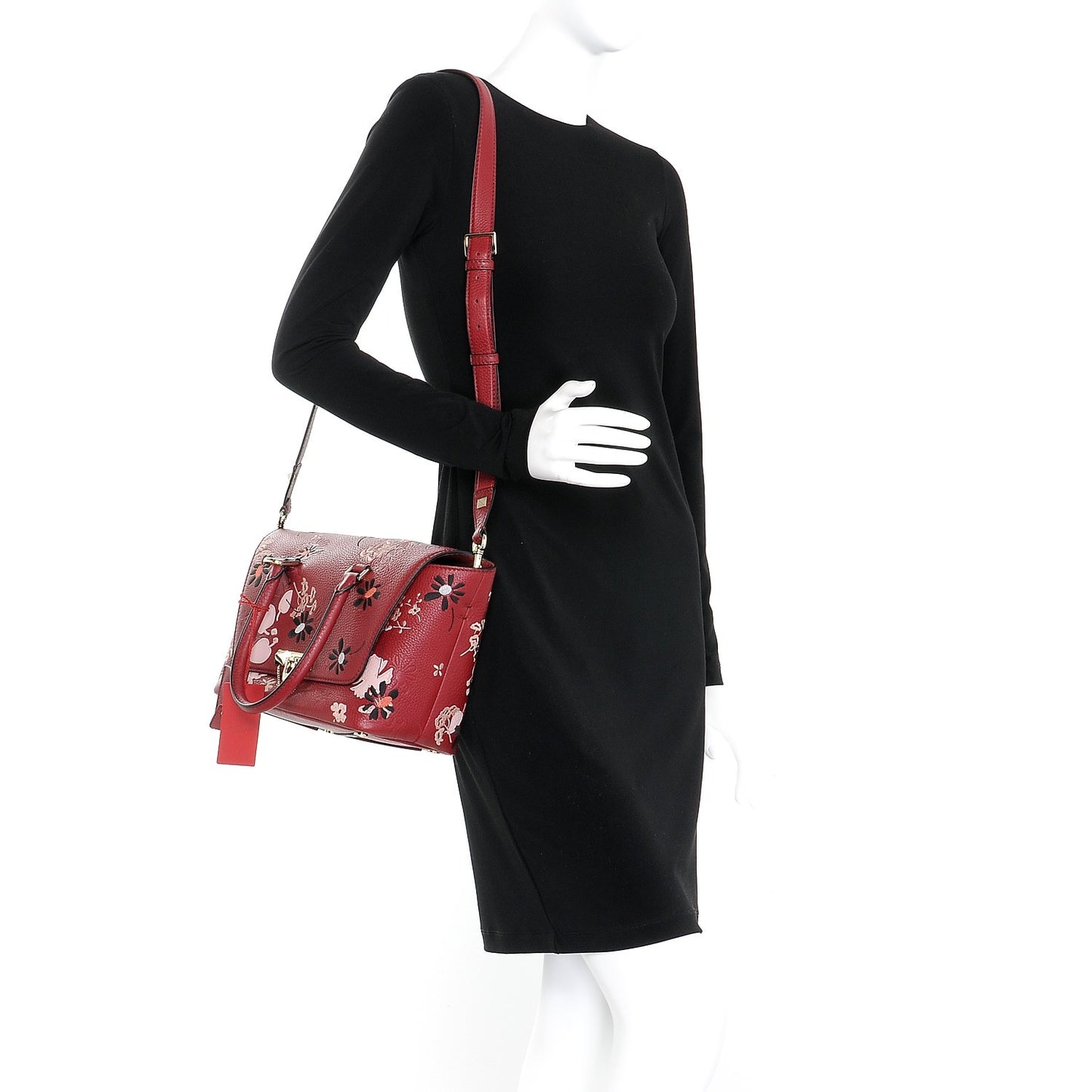 Alce Printed Calfskin Flower Embroidered Small Demilune Double Handle Satchel Rubino