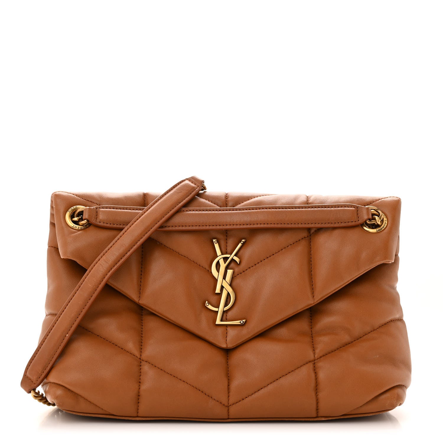 Saint Laurent Lambskin Quilted Small Loulou Puffer Monogram Chain Satchel Dark Honey 1 of 15