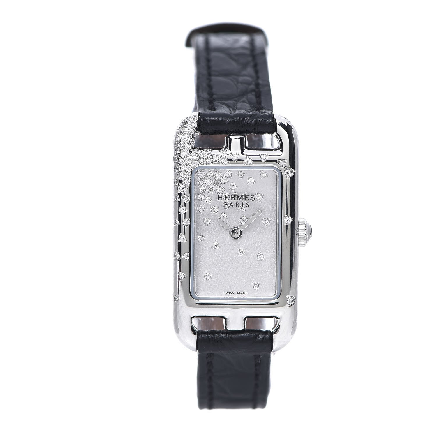Hermes Stainless Steel Alligator Diamond 17mm Nantucket Jete De Diamants Quartz Watch Noir 1 of 9