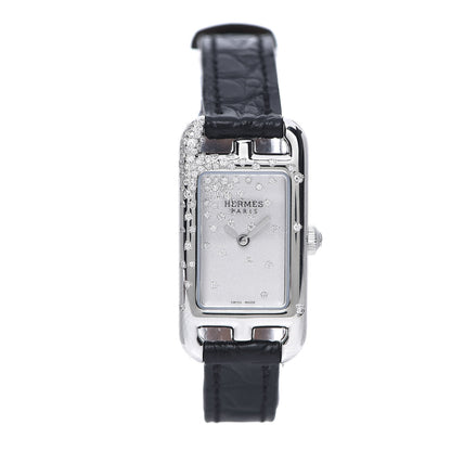 Hermes Stainless Steel Alligator Diamond 17mm Nantucket Jete De Diamants Quartz Watch Noir 1 of 9
