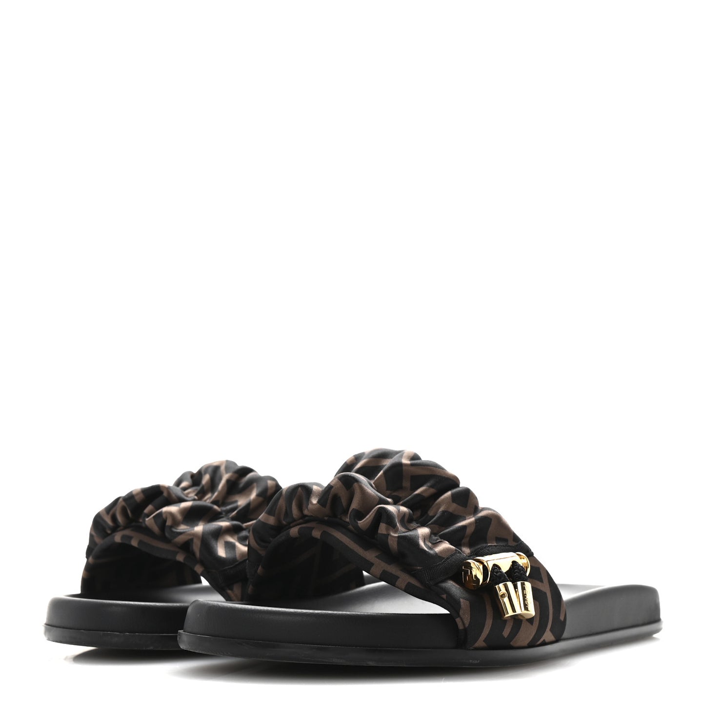 Satin FF Fendi Feel Slide Sandals 41 Tobacco Black