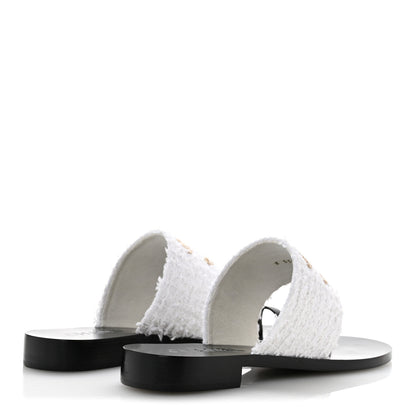 Chanel Cotton Tweed Fabric Lambskin CC Thong Sandal 40 White Gold Black 5 of 10