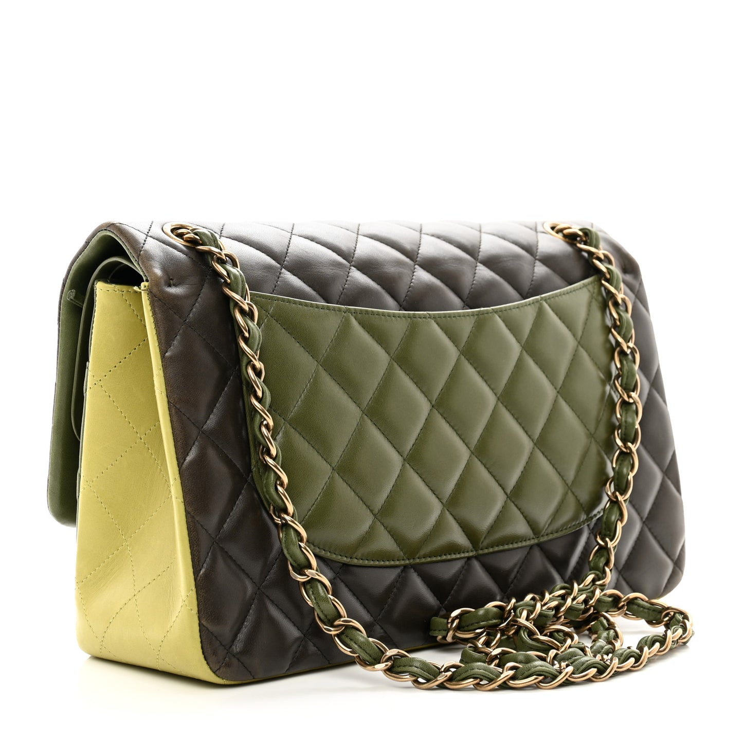 Lambskin Quilted Tri-Color Jumbo Double Flap Green Brown
